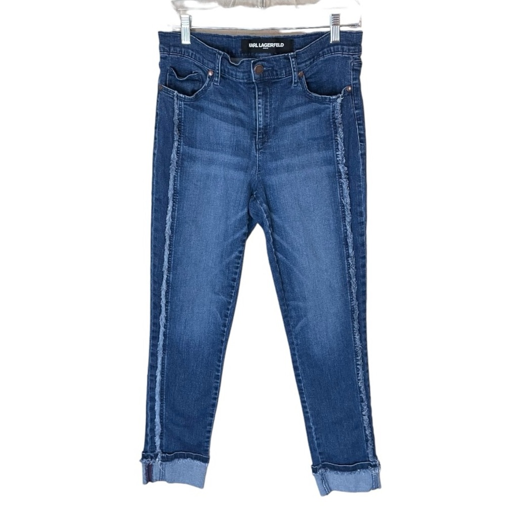 Karl Laderfeld Paris Cropped‎ Denim Fringe Accent Blue Jean Cuffed Women Size 10